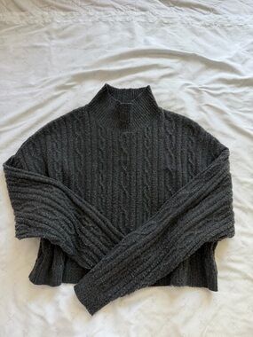 ALO Cropped Charcoal Cable-Knit Mock Neck Sweater